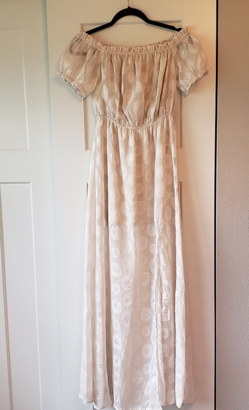 Lulus Off the Shoulder Maxi Dress Cream Floral Jacquard Womens Small - Picture 4 of 5
